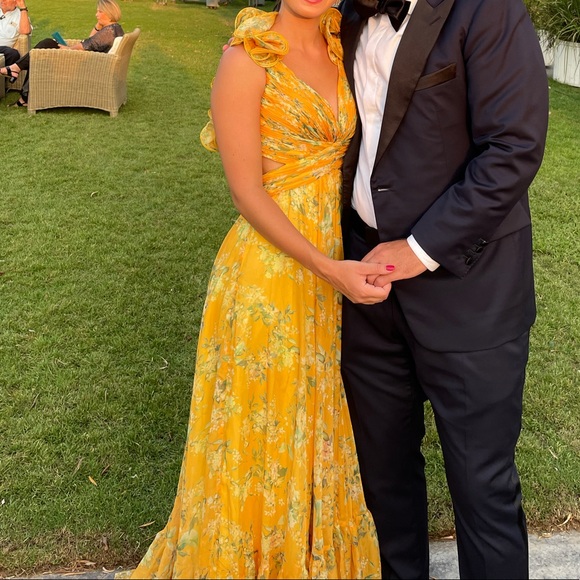 Mac Duggal | Dresses | Mac Duggal Yellow Ruffle Tiered Floral Cutout  Chiffon Gown | Poshmark